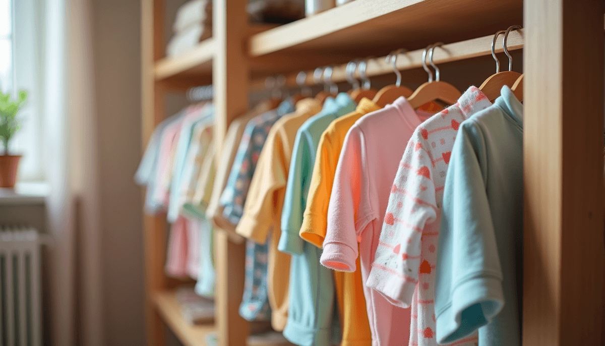 Eye-level view of colorful handmade baby clothes hanging on a wooden rack