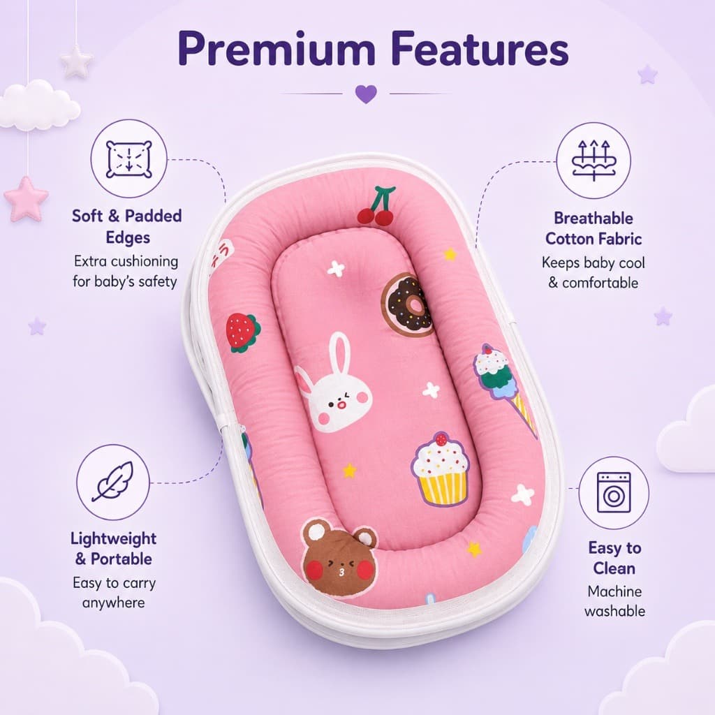 Features of the pink baby bedding — padded edges, breathable cotton, lightweight and machine washable