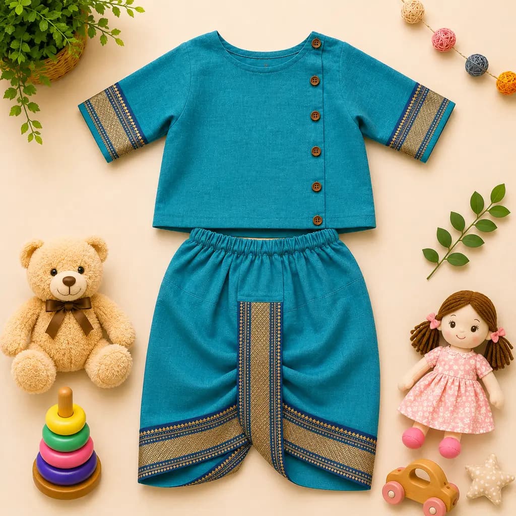 Teal Mangalagiri kurta with wooden buttons and matching dhoti, laid flat