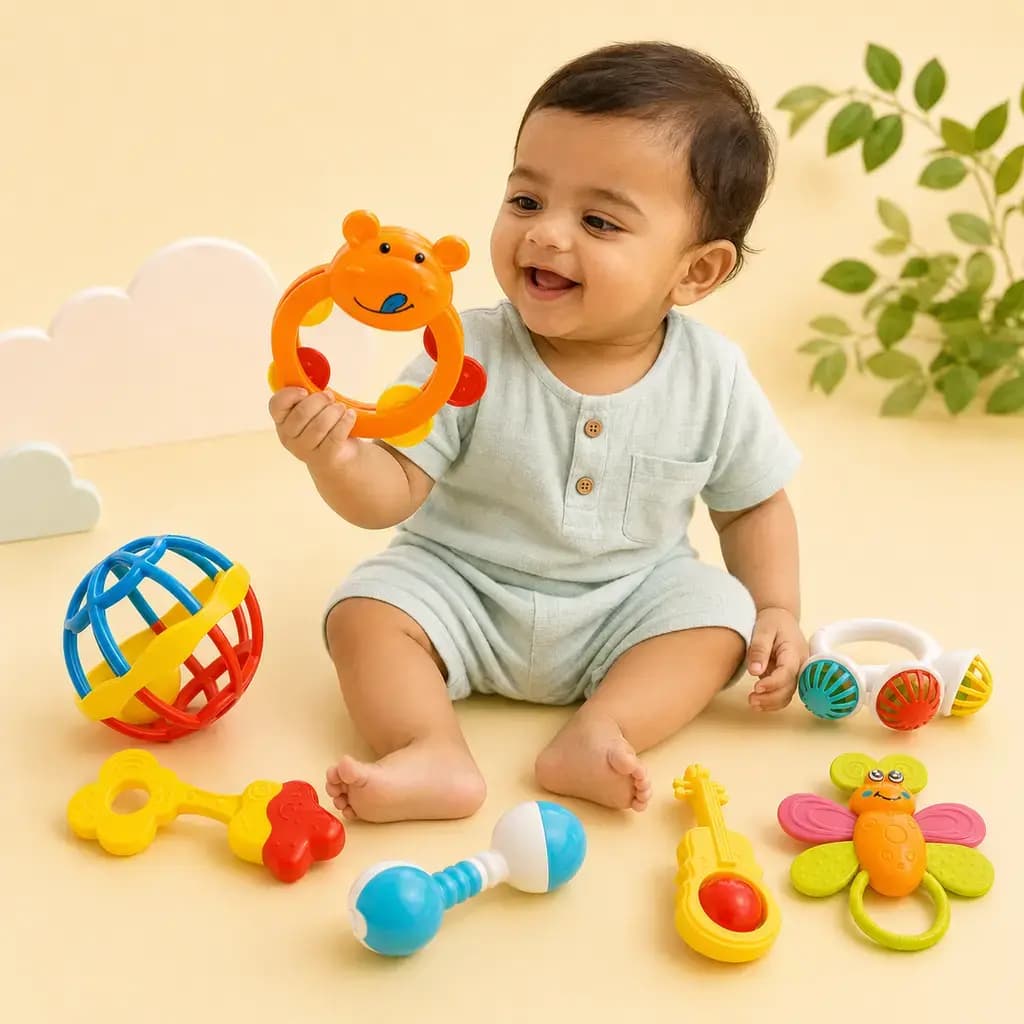 Baby sitting and holding an orange ring rattle, the rest of the eight-piece set spread around
