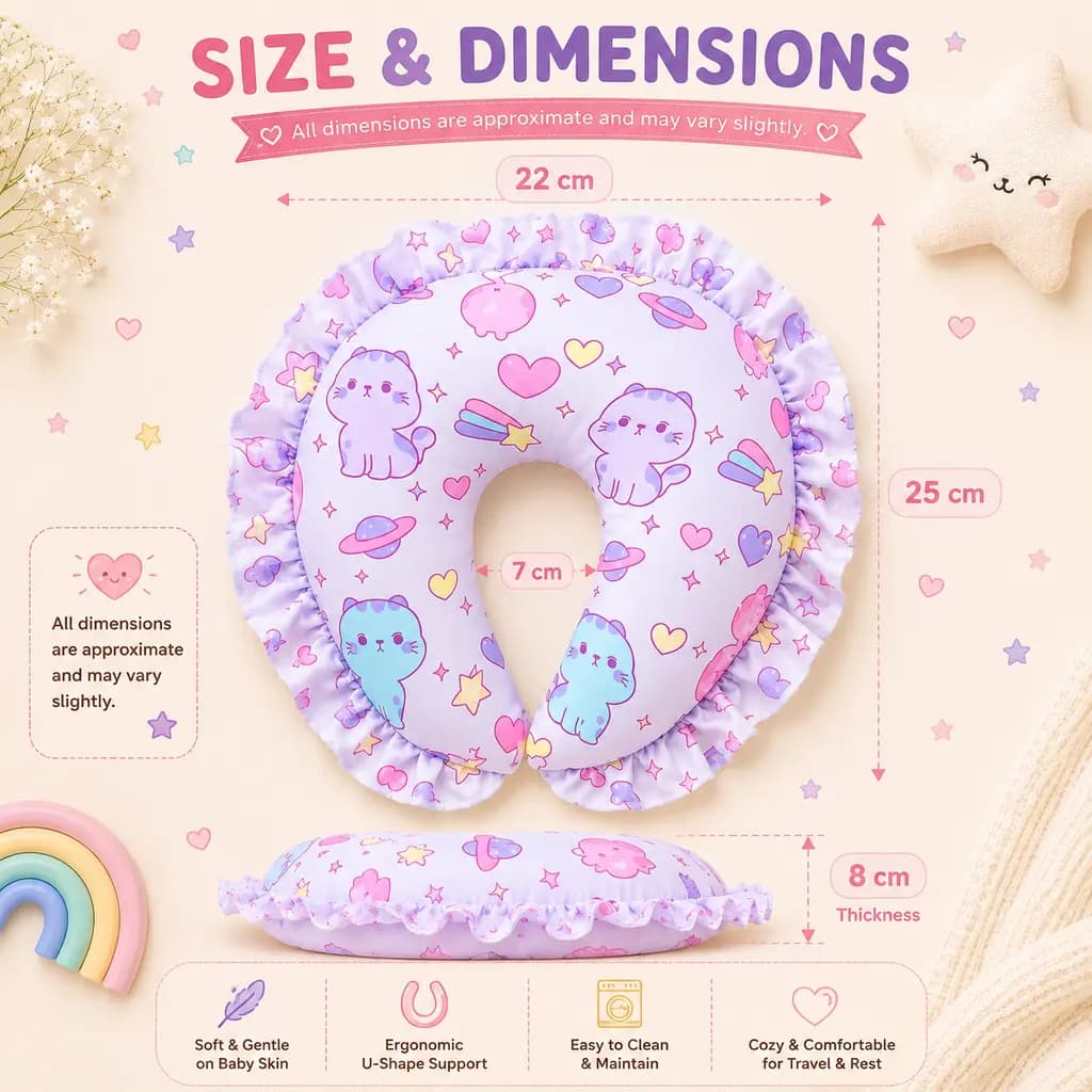Neck pillow dimensions — 22 cm across, 25 cm deep and 6 cm thick