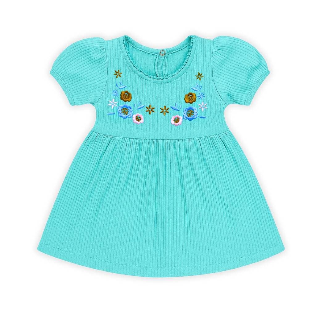 Turquoise Doria cotton frock with floral embroidery across the yoke, laid flat