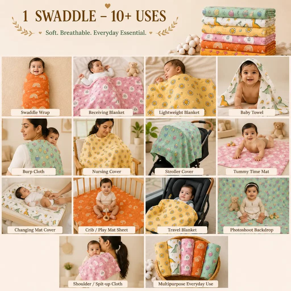 Ten ways to use a muslin swaddle — wrap, blanket, pram cover, nursing cover, play mat and more