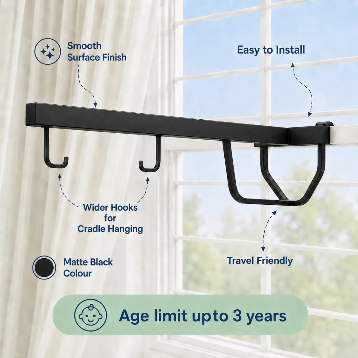 The cradle hanger fitted to a window, showing its wide hooks and smooth matte finish