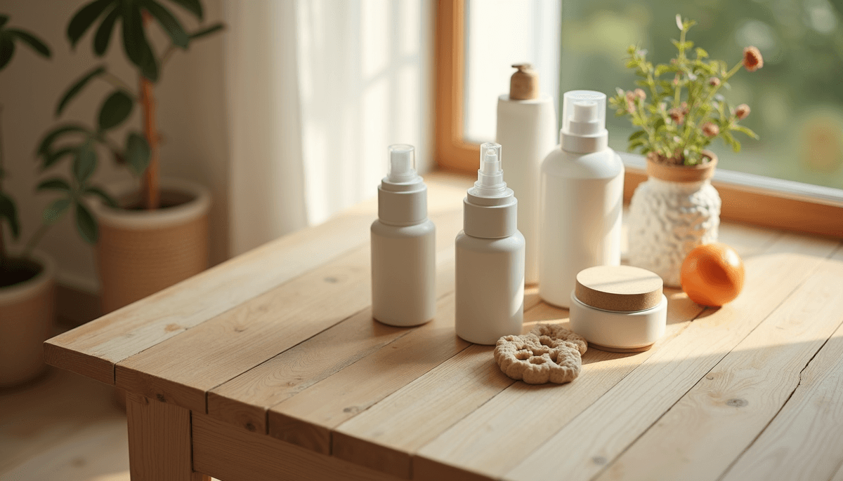 High angle view of eco-friendly baby products arranged on a wooden table