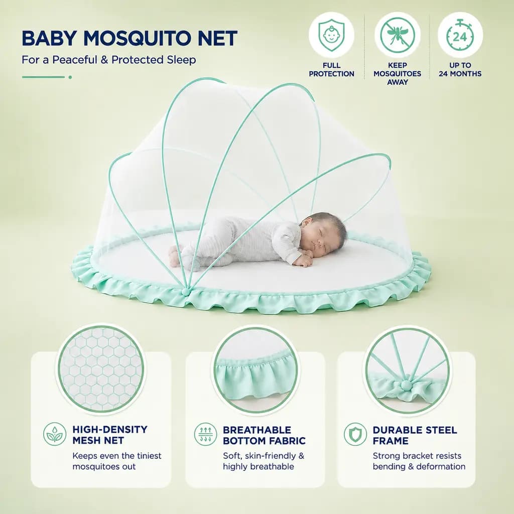 Baby sleeping under the wide-coverage mosquito net, with mesh and frame details