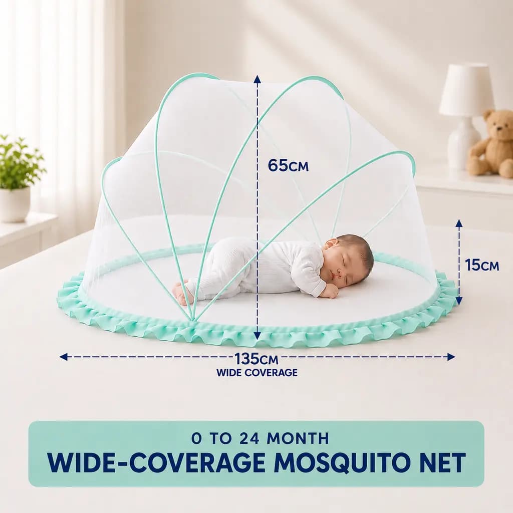 Mosquito net dimensions — 135 cm wide and 65 cm high, for babies zero to 24 months