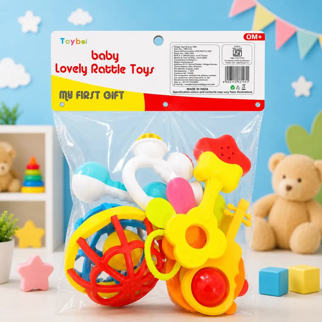 Rattle set in its retail pack against a nursery shelf with a teddy and wooden blocks