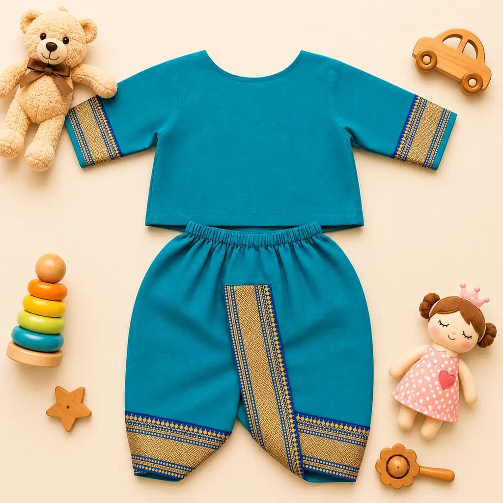 Teal kurta and dhoti set showing the gold zari borders