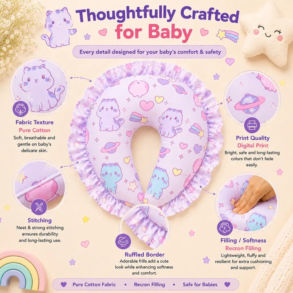 Construction of the baby neck pillow — cotton face, ruffled border and soft filling