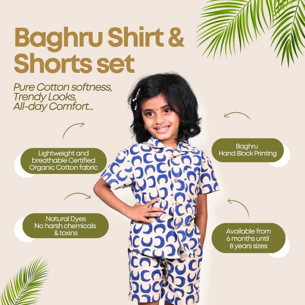 Feature guide for the Baghru set — organic cotton, hand block printing, natural dyes, six months to eight years
