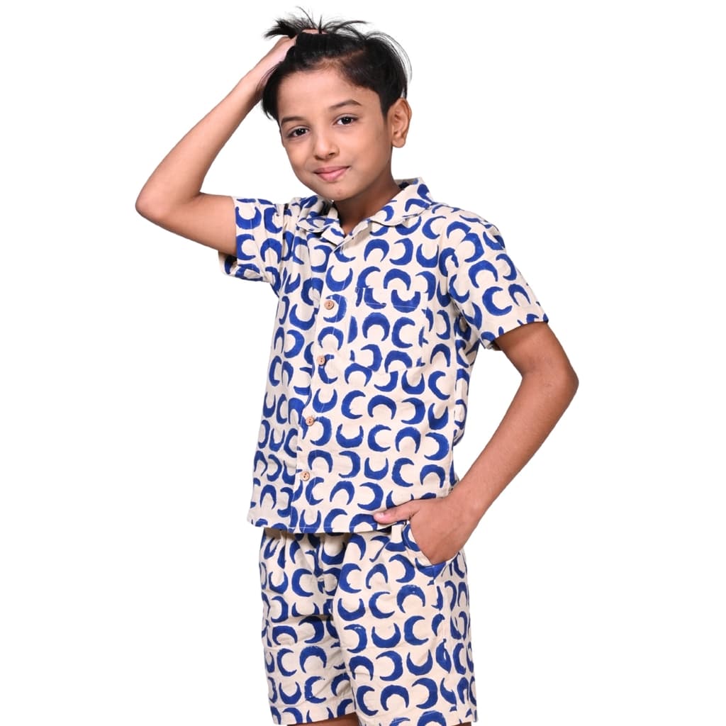 Boy wearing the Baghru block printed shirt and shorts set