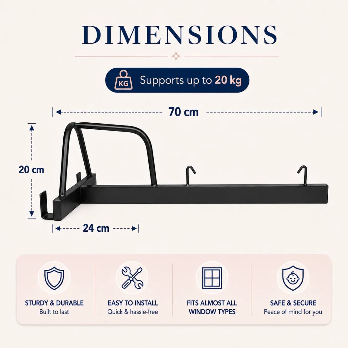 Cradle hanger dimensions — 70 cm wide, 20 cm high, 24 cm deep, holding up to 20 kg