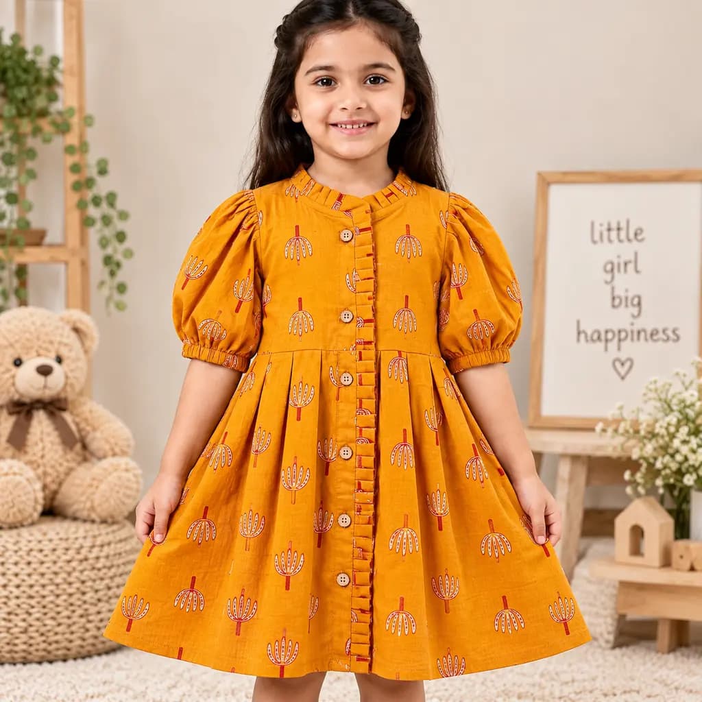 Pure Cotton Front Button Frill Frock