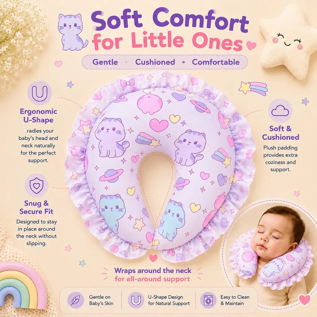 The U-shaped neck pillow supporting a sleeping baby's head