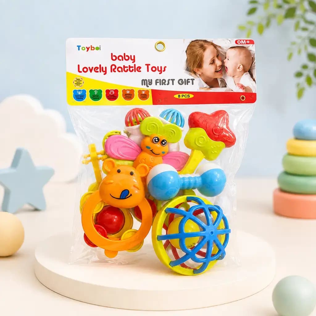The eight-piece rattle set in its My First Gift retail pack