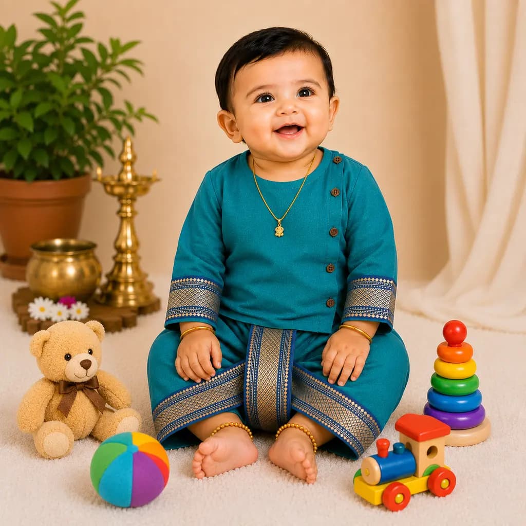 Baby boy sitting in the teal Mangalagiri kurta and dhoti set