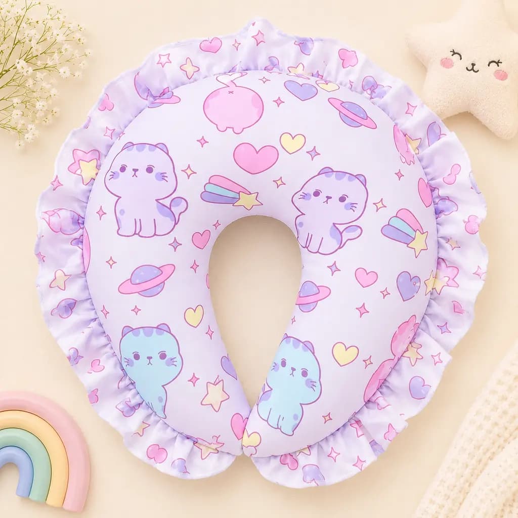 U-shaped baby neck pillow in pastel lilac with a cat and heart print and a ruffled edge