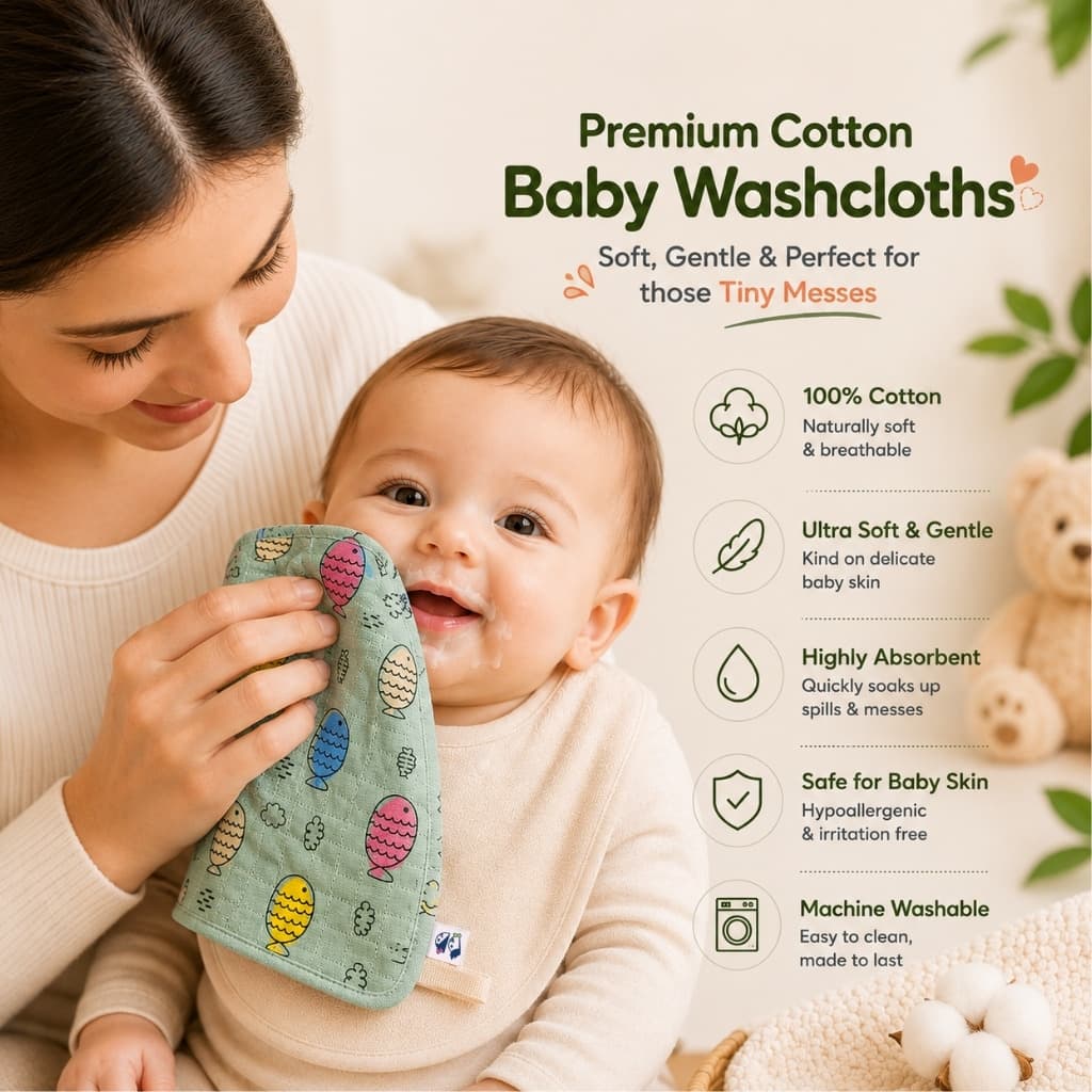 A mother wiping her baby's face with a muslin washcloth
