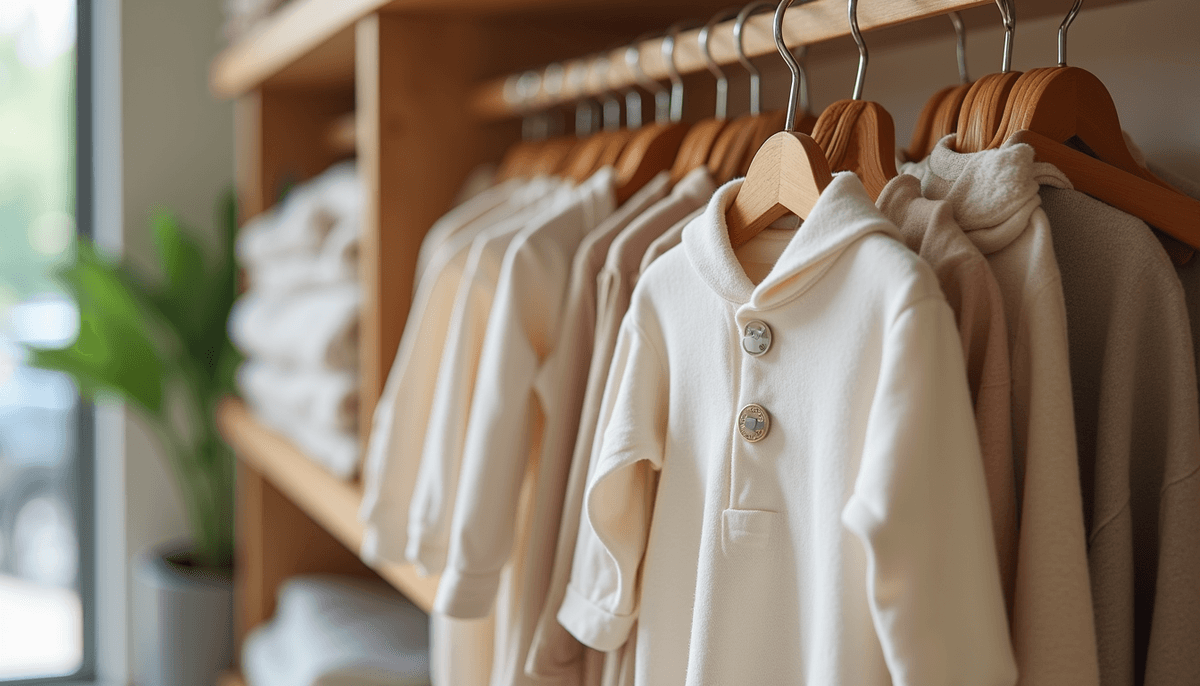 Eye-level view of a small boutique display with organic baby clothes hanging