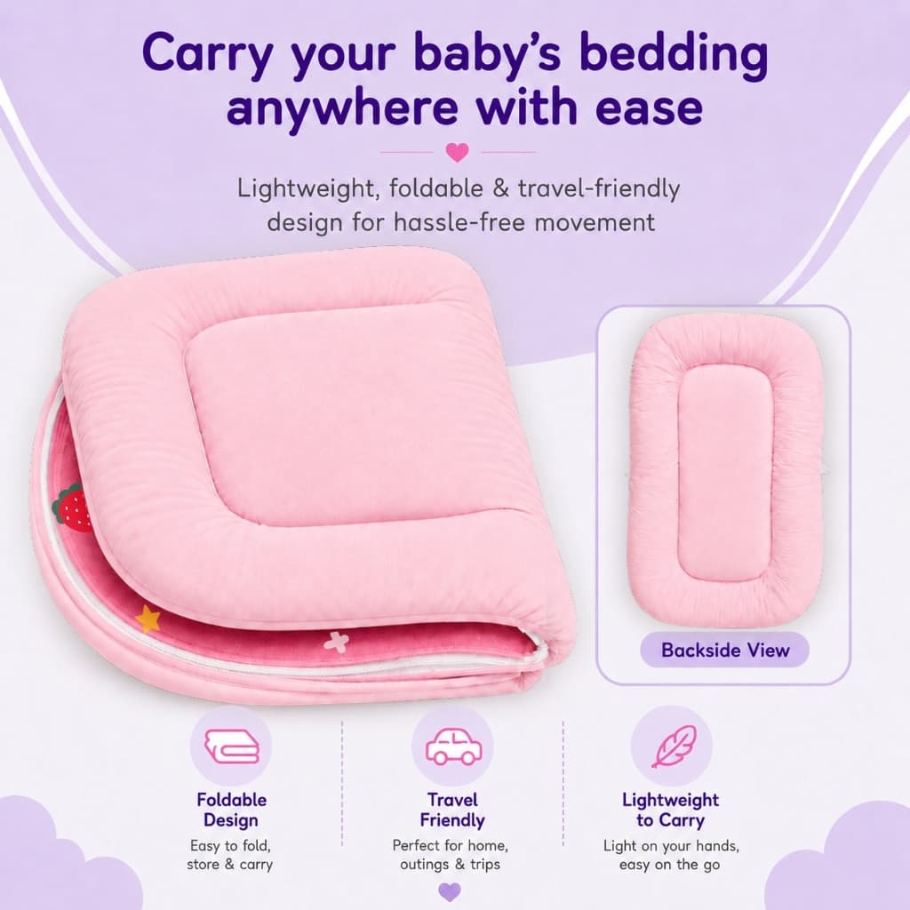 The pink baby mattress folded for travel, shown from both sides