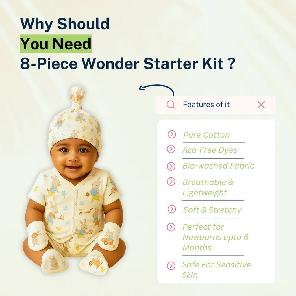 Feature guide for the starter kit — pure cotton, azo-free dyes, bio-washed and breathable, newborn to six months