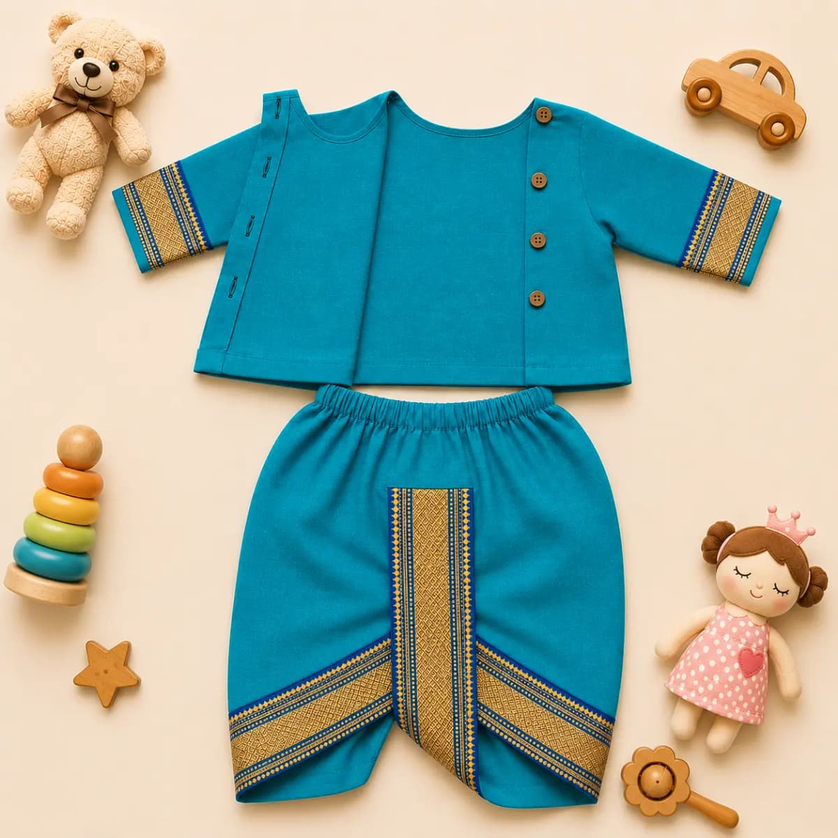 The teal Mangalagiri kurta and dhoti set laid out with wooden toys