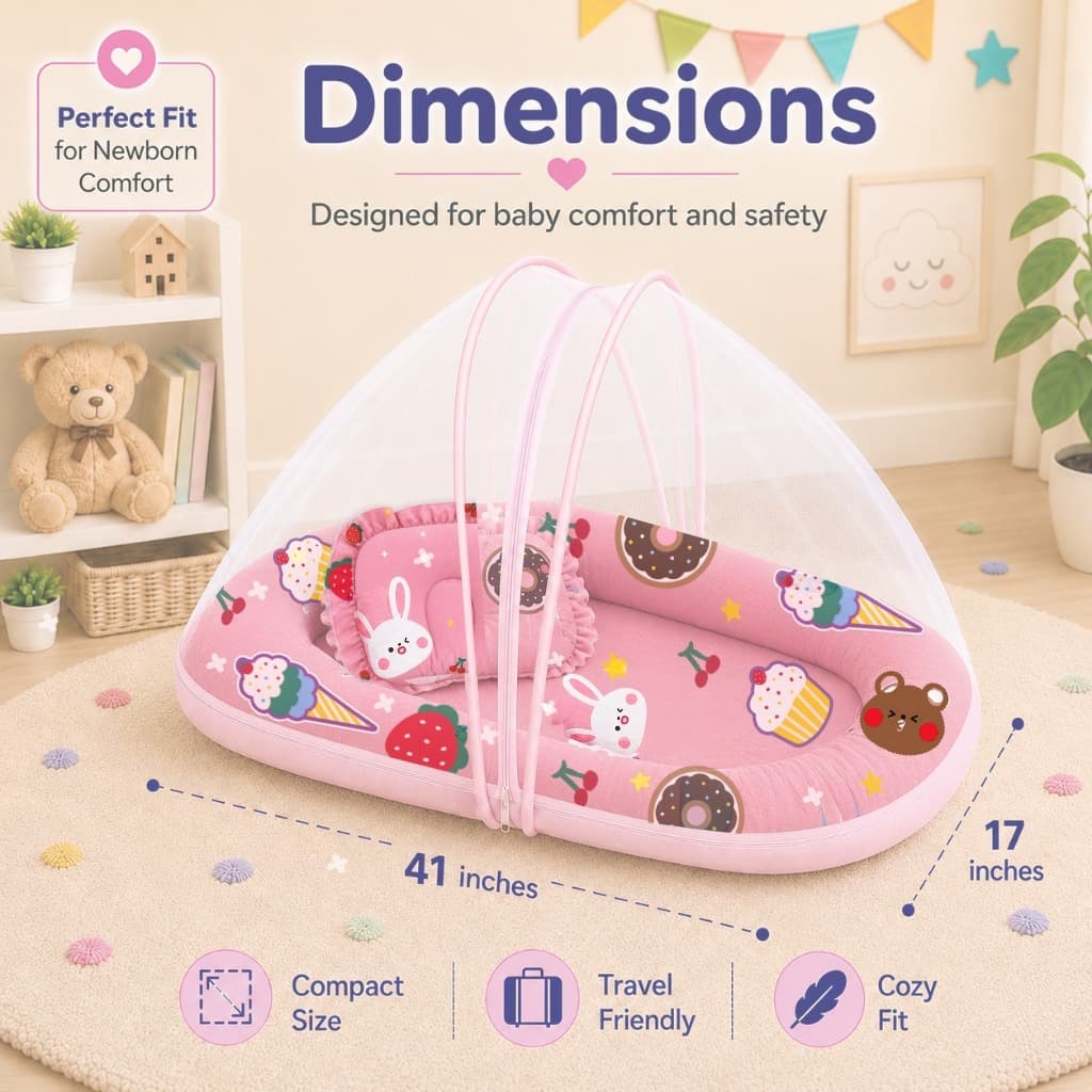 Dimensions of the pink baby bedding set — 41 inches long by 17 inches wide