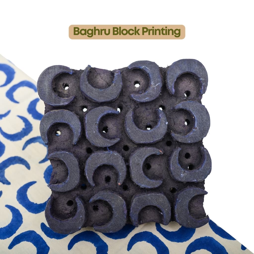 The carved block used for Baghru hand block printing, resting on the printed fabric