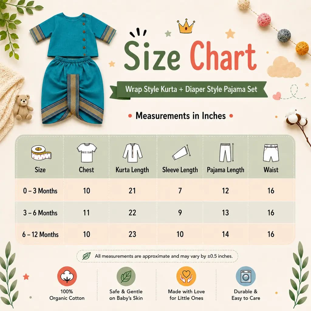 Size chart for the teal wrap-style kurta and pyjama set, zero to twelve months