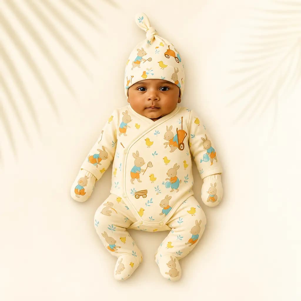 Newborn lying down in the starter kit bodysuit and knot cap, cream woodland animal print