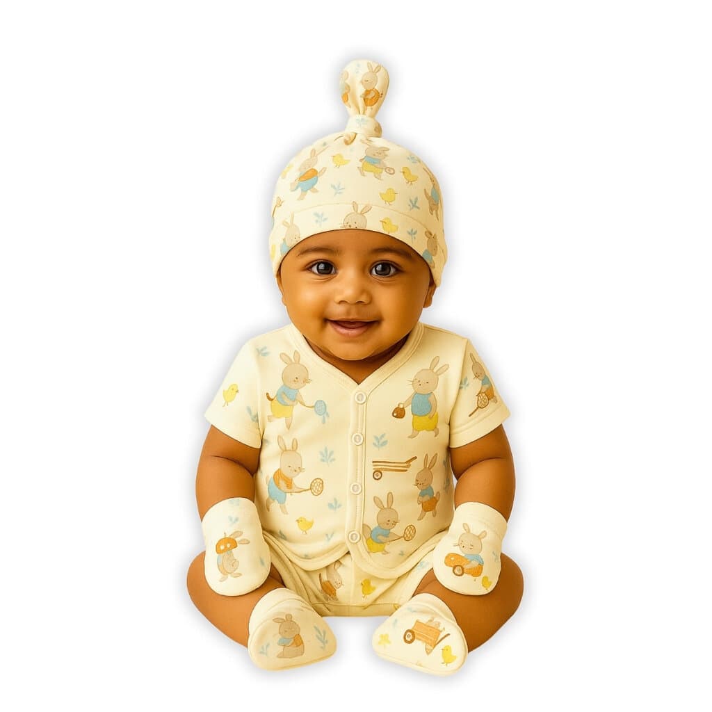 Baby sitting up in the starter kit kimono top and knot cap
