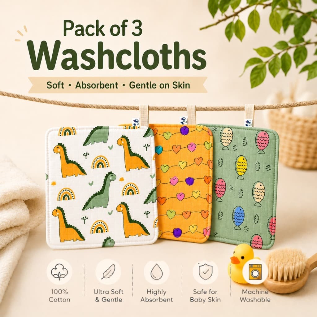 Three muslin washcloths on a line in dinosaur, heart and egg prints, with fabric details