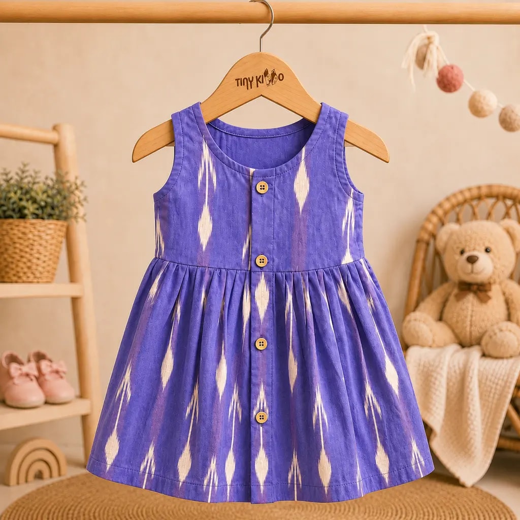 Ikkat Front Open Sleeveless Frock - Image 1