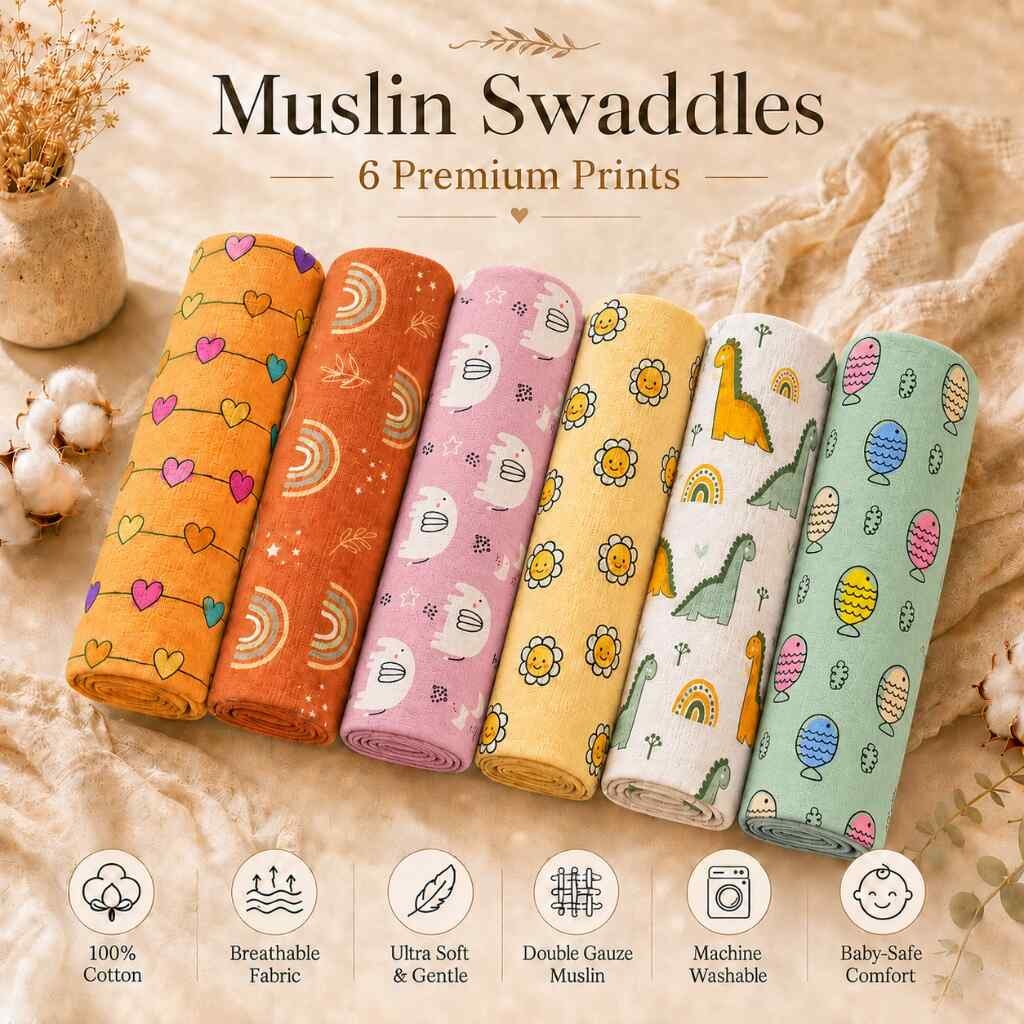 Six muslin swaddle prints stacked — orange, pink, cream, yellow and green