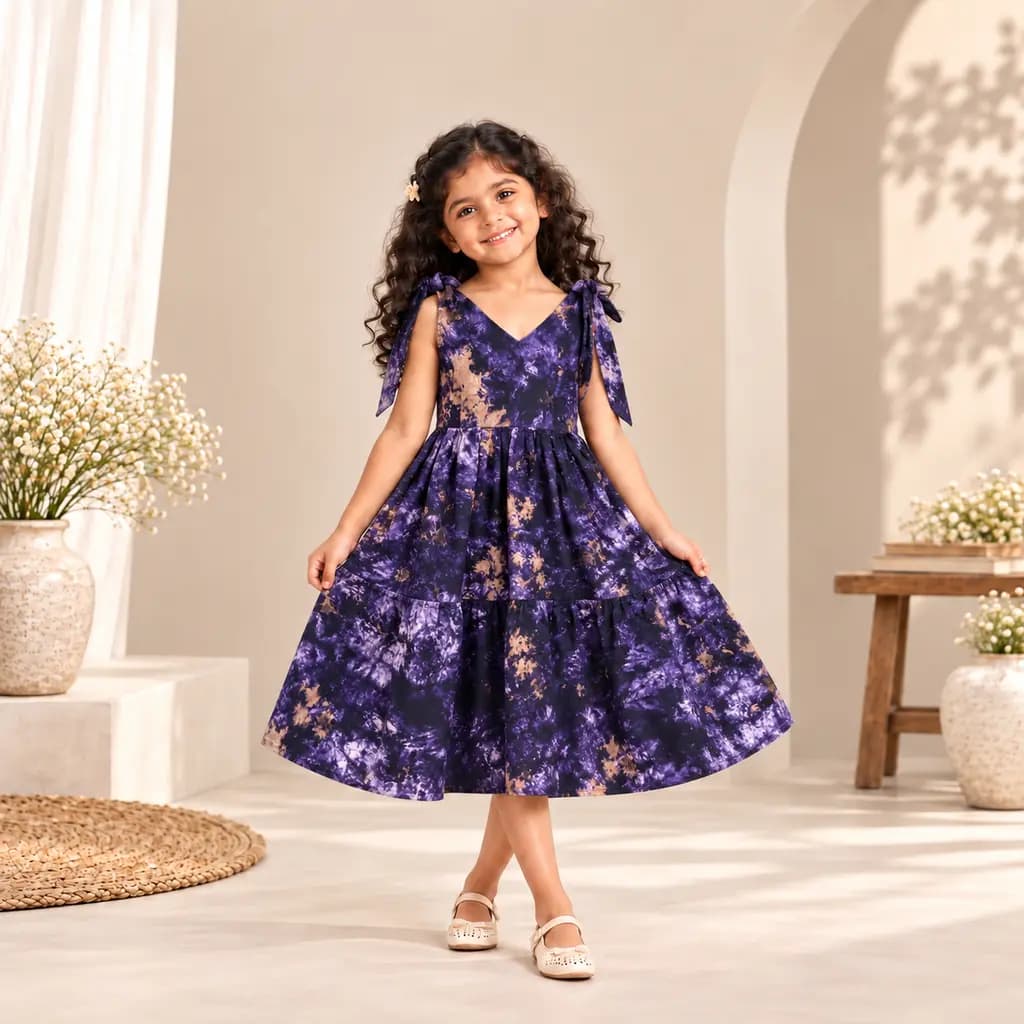 Shoulder Knot Tie-Dye Tiered Dress