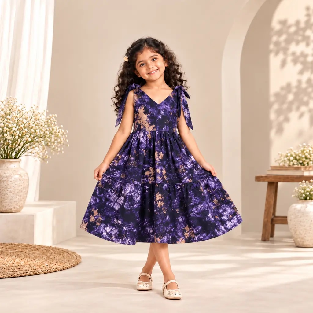 Shoulder Knot Tie-Dye Tiered Dress - Image 1