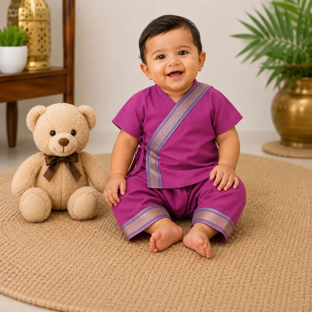 Baby boy sitting in the magenta wrap-style kurta and pyjama set