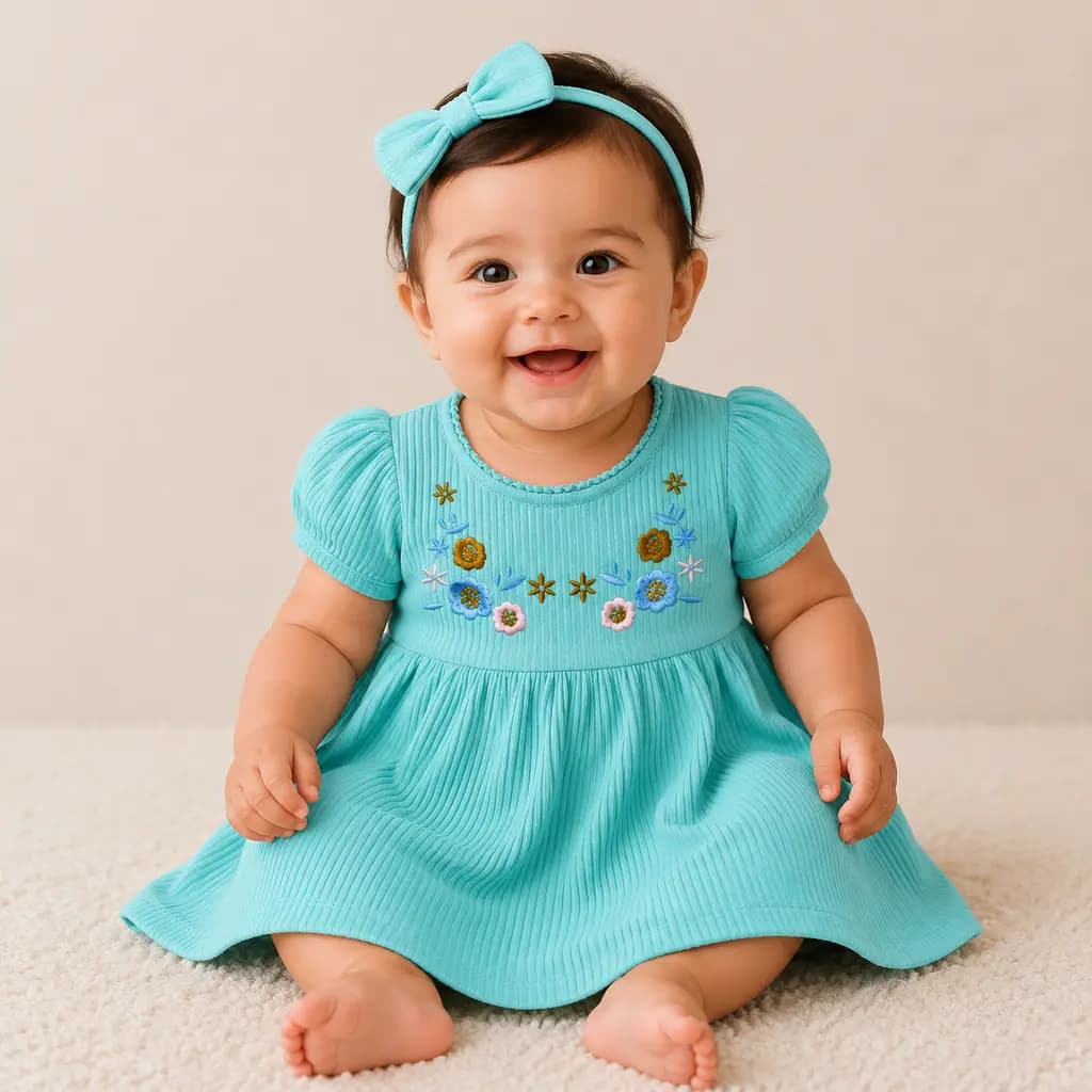 Baby girl sitting in the turquoise Doria cotton frock with a matching headband