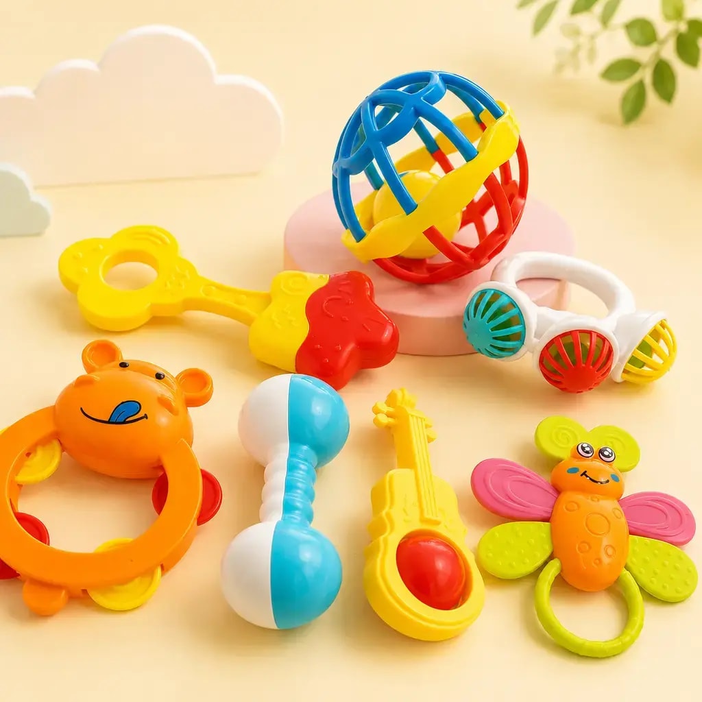Eight-piece baby rattle set laid out — bear rattle, ball, flower, guitar and dumbbell shapes in orange, blue and yellow