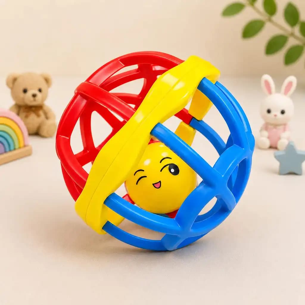 Red, yellow and blue interlocking ball rattle with a smiling face, soft toys behind