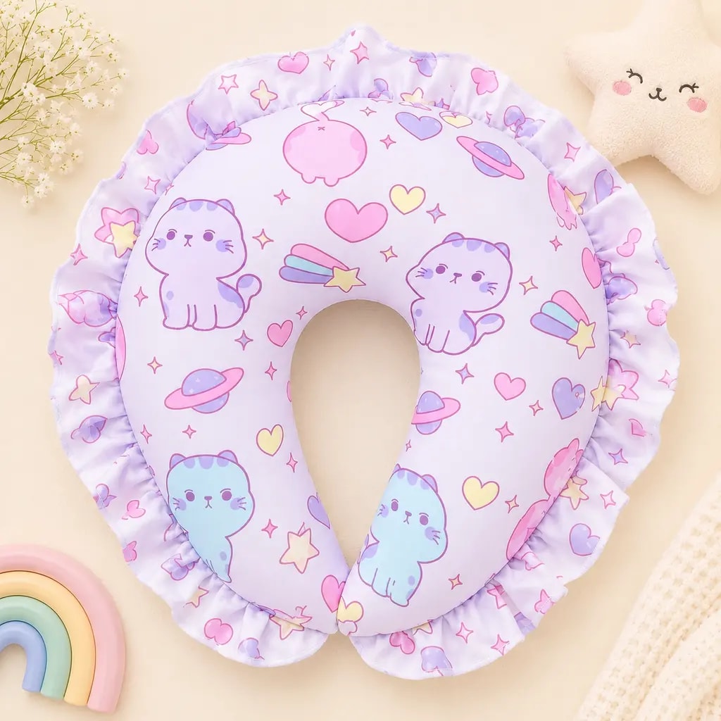 U-shaped baby neck pillow in pastel lilac with a cat and heart print and a ruffled edge