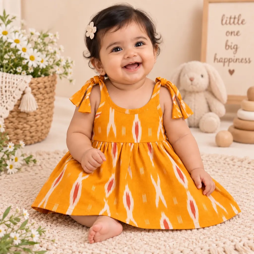 Pure Ikkat Cotton Shoulder Knot Frock - Image 1